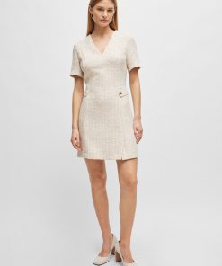 Hugo Boss Dresses-V-neck dress in melange tweed with hardware-button trims-hugo boss store 2