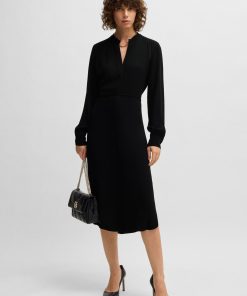 Hugo Boss Dresses-Belted dress with collarless V neckline and button cuffs-boss hugo