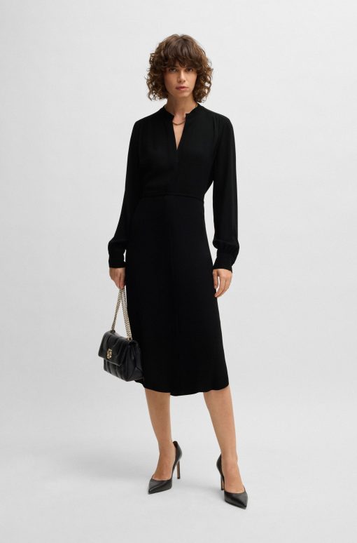 Hugo Boss Dresses-Belted dress with collarless V neckline and button cuffs-boss hugo