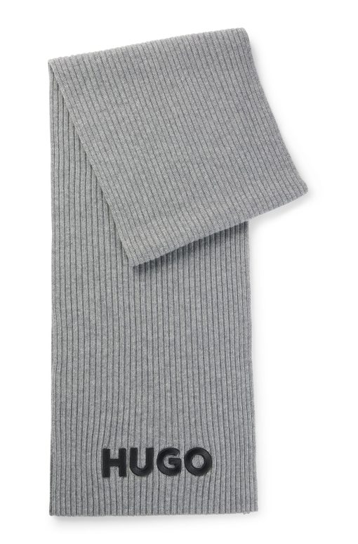 Hugo Boss Scarves-Ribbed scarf in wool with embroidered logo-hugoboss