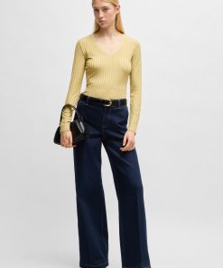 Hugo Boss Tops-Long-sleeved V-neck top in lustrous ribbed jersey-hugo 2