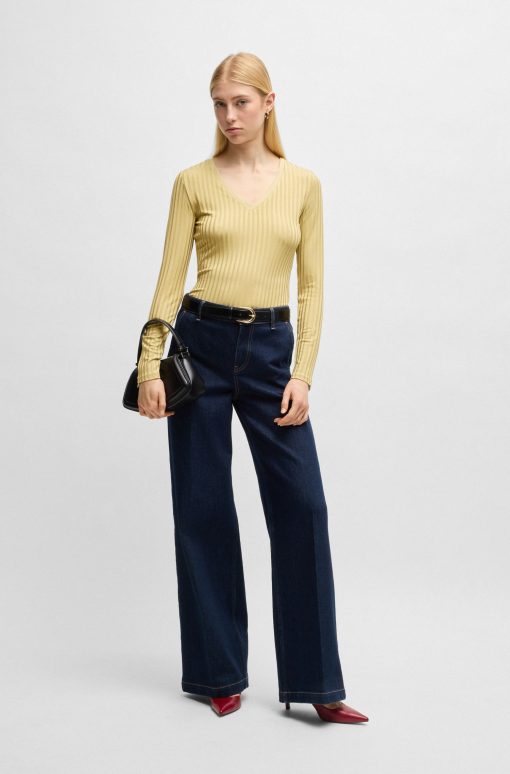 Hugo Boss Tops-Long-sleeved V-neck top in lustrous ribbed jersey-hugo - Image 2