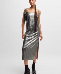 Hugo Boss Dresses-Strappy dress in silver-tone fabric with rear tie-hugo by hugo boss