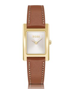 Hugo Boss Watches-Leather-strap watch with brushed silver-white dial-boss store