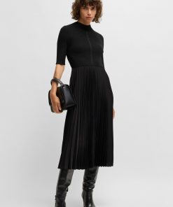 Hugo Boss Dresses-Cropped-sleeve dress with plissé skirt-boss store 2