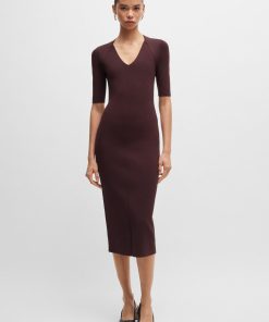 Hugo Boss Dresses-V-neck knitted dress with cropped sleeves-boss near me