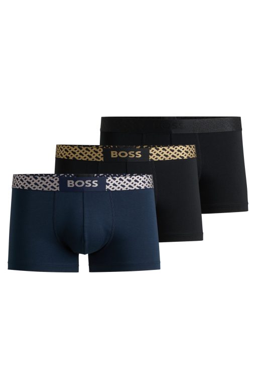 Hugo Boss Underwear-Three-pack of stretch-cotton trunks with monogram waistbands-hugo boss store