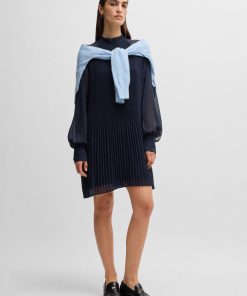 Hugo Boss Dresses-High-neck dress with plissé pleats and sheer sleeves-boss near me