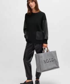 Hugo Boss Sweaters and Cardigans-Wool sweater with faux-leather sleeves-hugo boss store 2