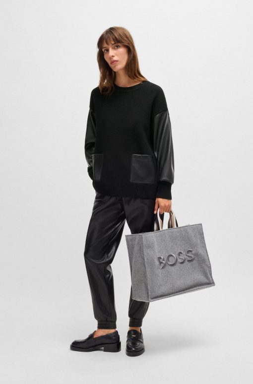 Hugo Boss Sweaters and Cardigans-Wool sweater with faux-leather sleeves-hugo boss store - Image 2