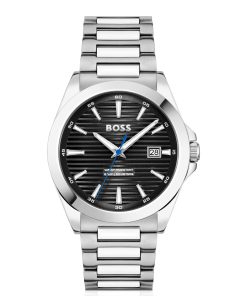 Hugo Boss Watches-Silver-tone watch with black grooved dial-hugo boss sale