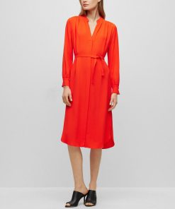 Hugo Boss Dresses-Belted dress with collarless V neckline and button cuffs-boss store near me 2