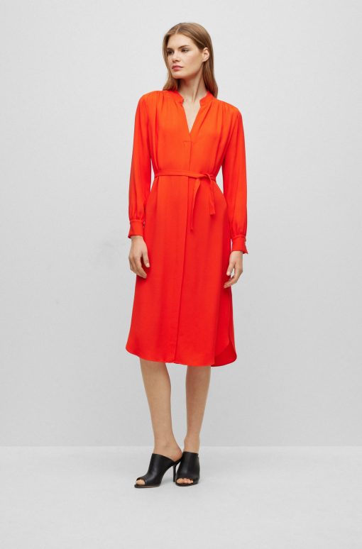 Hugo Boss Dresses-Belted dress with collarless V neckline and button cuffs-boss store near me - Image 2