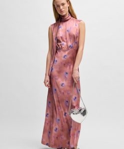 Hugo Boss Dresses-High-neck butterfly-print maxi dress in soft satin-hugo boss sale