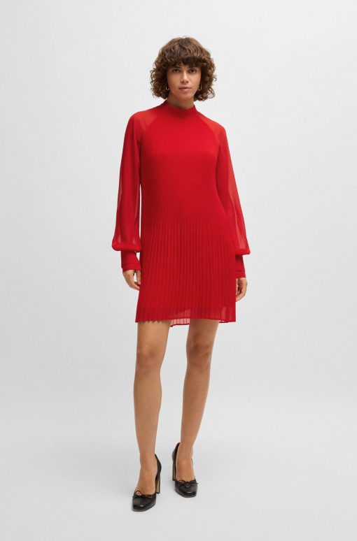 Hugo Boss Dresses-High-neck dress with plissé pleats and sheer sleeves-hugo boss near me - Image 2