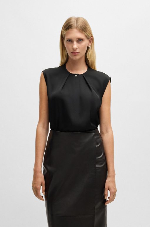 Hugo Boss Blouses-Fitted sleeveless blouse in stretch silk with concealed placket-hugo boss store