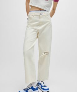 Hugo Boss Pants-Wide-leg relaxed-fit jeans in distressed denim-hugo boss near me