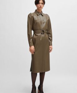 Hugo Boss Dresses-Belted shirt dress in perforated faux leather-hugo 2