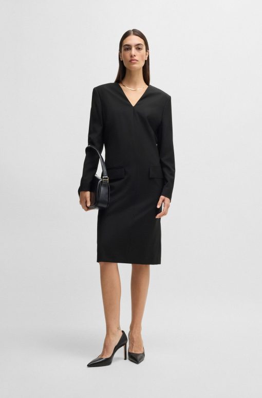 Hugo Boss Dresses-Tailored V-neck dress with flap pockets in relaxed fit-hugo