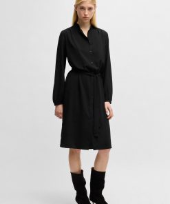 Hugo Boss Dresses-Belted shirt dress in crepe Georgette with stand collar-hugo boss store 2