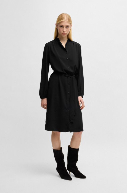 Hugo Boss Dresses-Belted shirt dress in crepe Georgette with stand collar-hugo boss store - Image 2