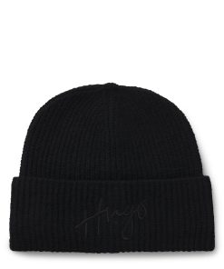 Hugo Boss Hats and Gloves-Ribbed beanie hat with embroidered handwritten logo-hugo boss sale