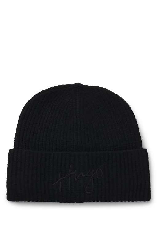 Hugo Boss Hats and Gloves-Ribbed beanie hat with embroidered handwritten logo-hugo boss sale