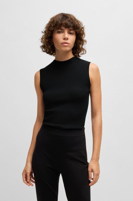 Hugo Boss-Sleeveless mock-neck top in ribbed fabric-hugo boss sale