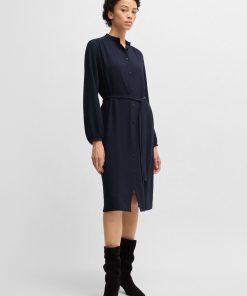 Hugo Boss Dresses-Belted shirt dress in crepe Georgette with stand collar-boss near me 2