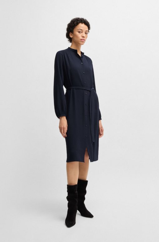 Hugo Boss Dresses-Belted shirt dress in crepe Georgette with stand collar-boss near me - Image 2