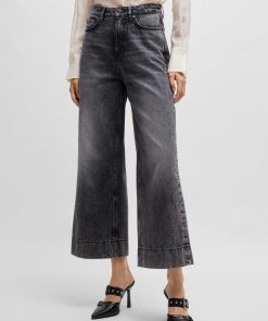 Hugo Boss Pants-Wide-leg jeans in black rigid denim-boss store near me