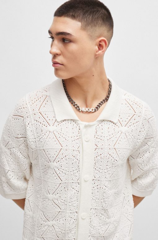 Hugo Boss Sweaters and Cardigans-Relaxed-fit short-sleeved cardigan in crochet cotton-hugo boss store near me - Image 2