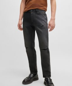 Hugo Boss Pants-Tapered-fit jeans in black distressed denim-hugo boss sale