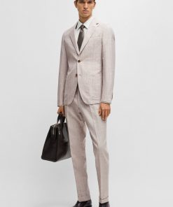 Hugo Boss Suits-Slim-fit suit in checked wool, silk and linen-hugoboss