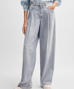 Hugo Boss Pants-Wide-leg jeans in gray denim with front pleats-hugo boss store near me