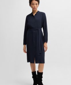 Hugo Boss Dresses-Belted shirt dress in crepe Georgette with stand collar-boss near me