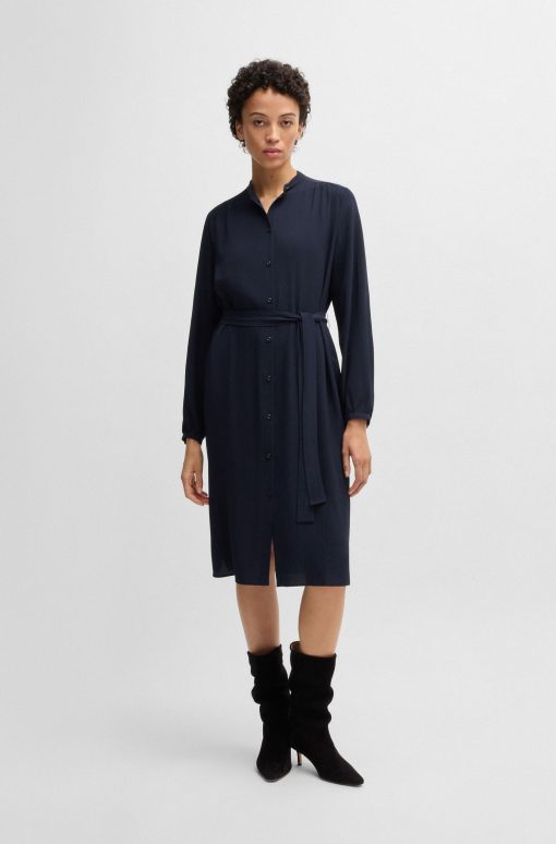 Hugo Boss Dresses-Belted shirt dress in crepe Georgette with stand collar-boss near me