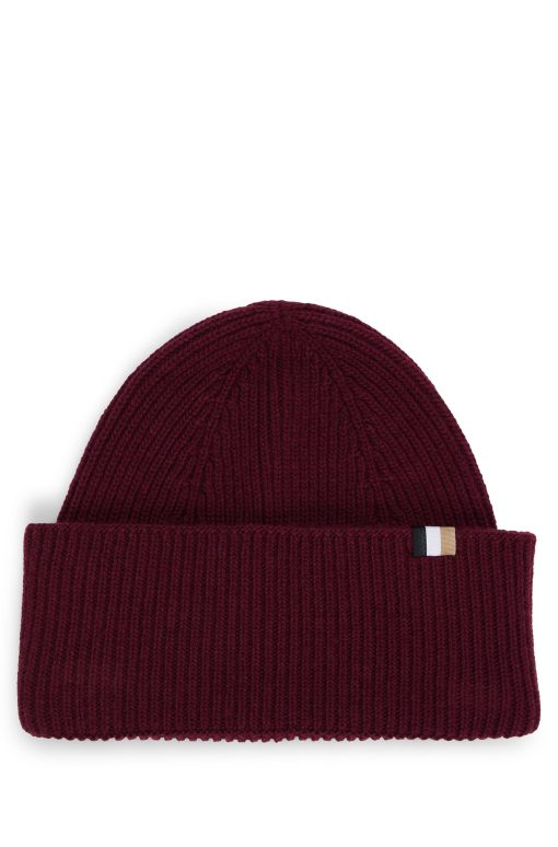 Hugo Boss Hats and Gloves-Ribbed beanie hat with signature-stripe trim-boss hugo