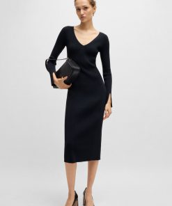 Hugo Boss Dresses-Long-sleeved V-neck dress with ribbed knit-hugo by hugo boss 2