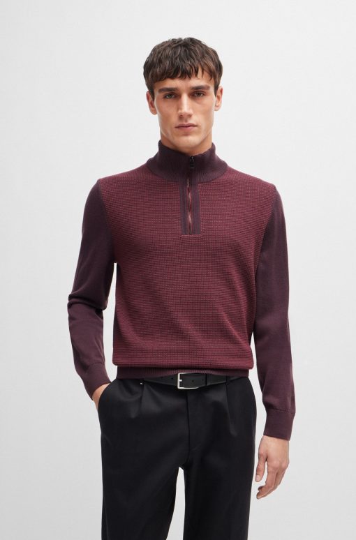 Hugo Boss Sweaters and Cardigans-Zip-neck sweater with mixed structures-boss store near me