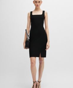 Hugo Boss Dresses-Square-neck dress in stretch material with front slit-hugo boss store