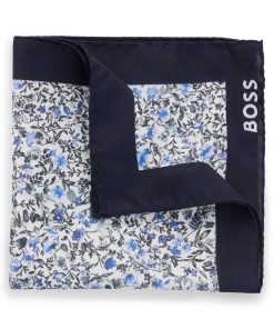 Hugo Boss Ties and Pocket Squares-Printed pocket square with branded border and logo-hugo boss store near me