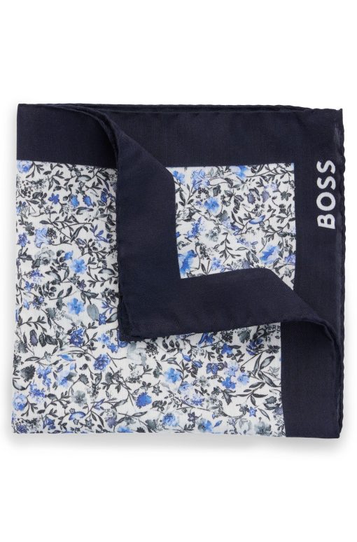 Hugo Boss Ties and Pocket Squares-Printed pocket square with branded border and logo-hugo boss store near me