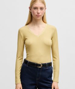 Hugo Boss Tops-Long-sleeved V-neck top in lustrous ribbed jersey-hugo