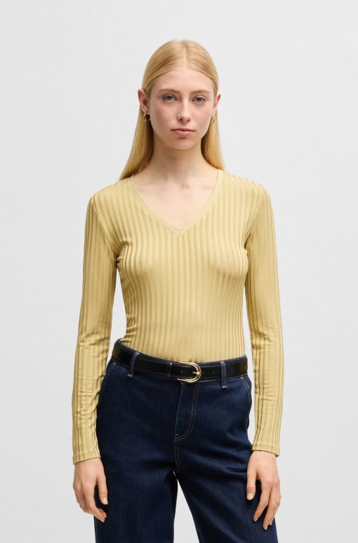 Hugo Boss Tops-Long-sleeved V-neck top in lustrous ribbed jersey-hugo