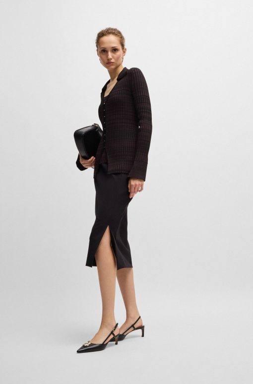 Hugo Boss Sweaters and Cardigans-V-neck cardigan in ribbed stretch fabric with collar-hugo boss sale - Image 2