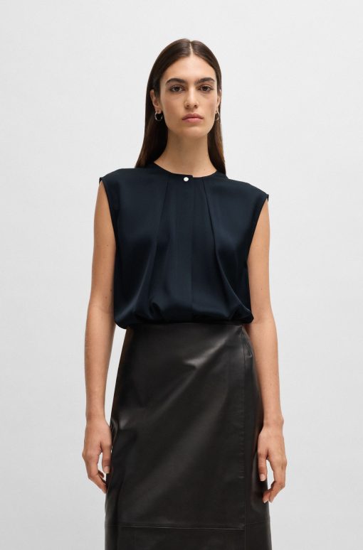 Hugo Boss Blouses-Fitted sleeveless blouse in stretch silk with concealed placket-hugo boss store