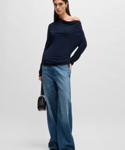 Hugo Boss Tops-Long-sleeved top in stretch crepe with cowl neckline-boss outlet 2