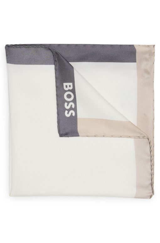 Hugo Boss Ties and Pocket Squares-Silk pocket square with branding and printed border-hugo by hugo boss