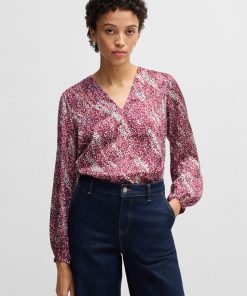 Hugo Boss Blouses-Regular-fit blouse with V neckline in printed satin-hugoboss